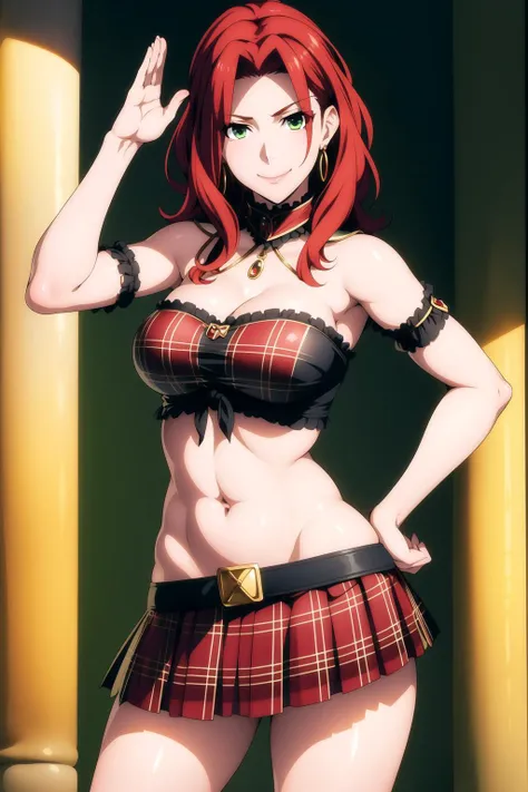  <lora:malty_melromarc:0.8>, medium breastsbikini, plaid skirt, collar,  top only, tied shirt, red hair, beautiful face, green eyes, smile, closed mouth, salute, (masterpiece:1.2), best quality, absurdres, highres, extremely detailed wallpaper, perfect lighting, cowboy shot, hand on hip,
