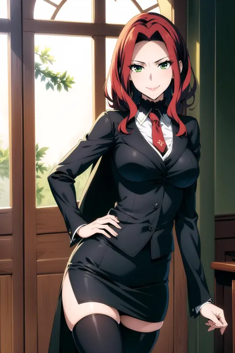  <lora:malty_melromarc:0.8>, , black thighhighs, office lady, necktie, black suit, pencil skirt, red hair, beautiful face, green eyes, smile, closed mouth, (masterpiece:1.2), best quality, absurdres, highres, extremely detailed wallpaper, perfect lighting, cowboy shot, standing,
