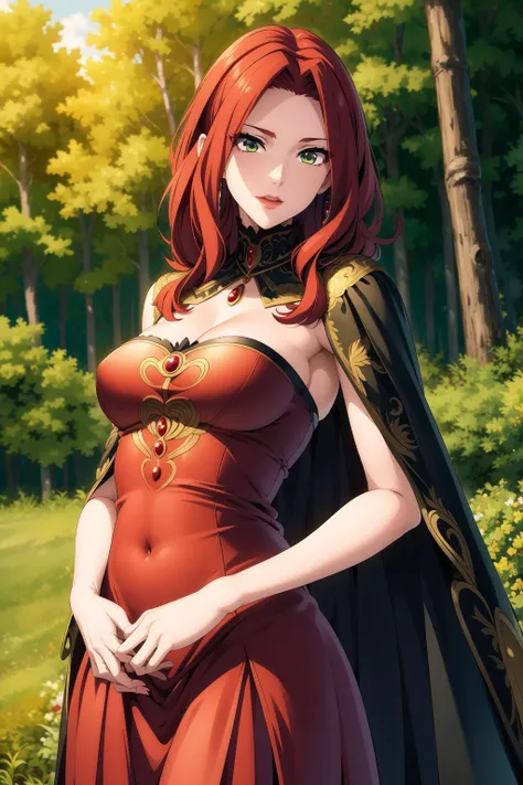 bitch <lora:malty_melromarc:0.8>, green eyes, red hair, dress, cape, outside, forest, looking at viewer, (masterpiece:1.2), best quality, high resolution, unity 8k wallpaper, (illustration:0.8), (beautiful detailed eyes:1.6), extremely detailed face, perfect lighting, extremely detailed CG, (perfect hands, perfect anatomy),