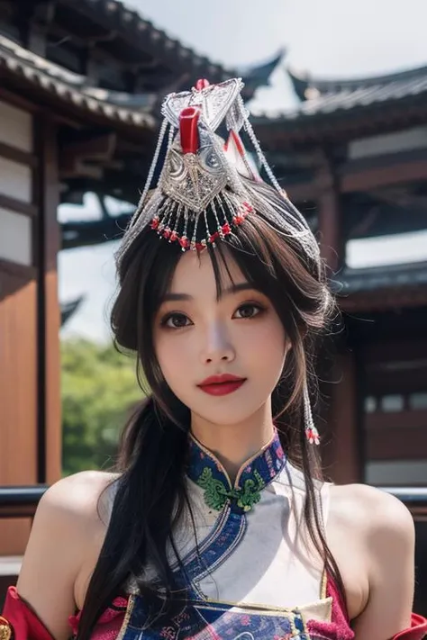 ltra-detailed,highly detailed,best quality,masterpiece,illustration,realistic,
guqinghan,fhz, 1girl, solo, upper body, 
hat,hair ornament,hat tassel, chinese clothes, traditional clothes, bare shoulders,dress,  detached sleeves,  jewelry, print clothes,
long hair, bangs,light smile, 
photo background, photo inset, blurry background, reference inset, outdoors,building, east asian architecture, 
<lora:guqinghan fhz_v3_06:0.7>