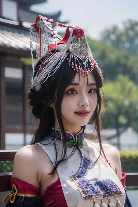 ltra-detailed,highly detailed,best quality,masterpiece,illustration,realistic,
guqinghan,fhz, 1girl, solo, upper body,
hat,hair ornament,hat tassel, chinese clothes, traditional clothes, bare shoulders,dress, detached sleeves, jewelry, print clothes,
long hair, bangs,light smile,
photo background, photo inset, blurry background, reference inset, outdoors,building, east asian architecture,
<lora:guqinghan fhz_v3_06:0.7>