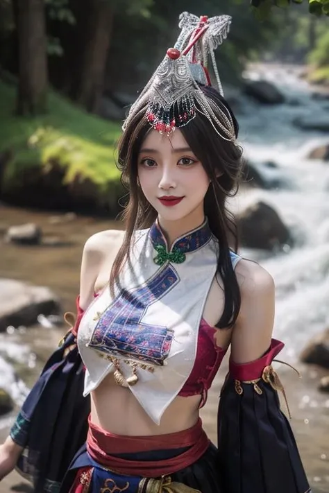 ltra-detailed,highly detailed,best quality,masterpiece,illustration,realistic,
guqinghan,fhz, 1girl, solo, upper body,
hat,hair ornament,hat tassel, chinese clothes, traditional clothes, bare shoulders,dress, detached sleeves, jewelry, print clothes,
long hair, bangs,light smile,
photo background, photo inset, blurry background, reference inset, outdoors,nature,river,
<lora:guqinghan fhz_v3_06:0.7>