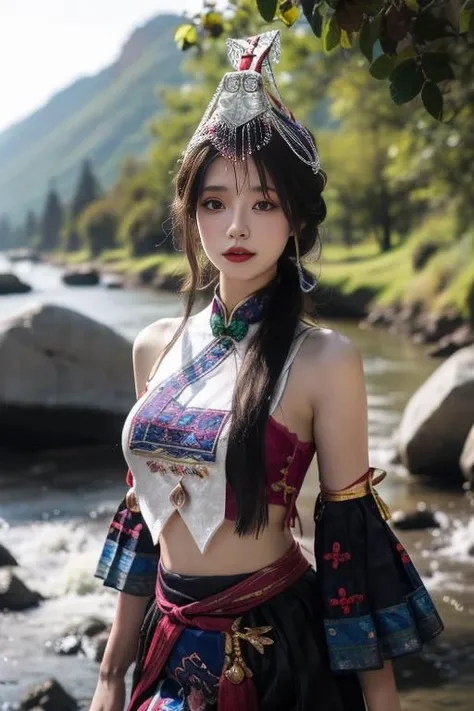 ltra-detailed,highly detailed,best quality,masterpiece,illustration,realistic,
guqinghan,fhz, 1girl, solo, cowboy shot,
hat,hair ornament,hat tassel, chinese clothes, traditional clothes, bare shoulders,dress, detached sleeves, jewelry, print clothes,
long hair, bangs,
photo background, photo inset, blurry background, reference inset, outdoors,nature,river,
<lora:guqinghan fhz_v3_06:0.7>