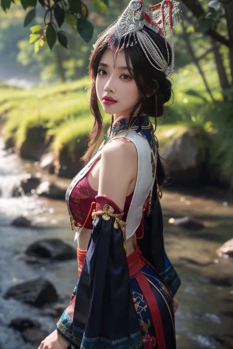 ltra-detailed,highly detailed,best quality,masterpiece,illustration,realistic,
guqinghan,fhz, 1girl, solo, cowboy shot,
hat,hair ornament,hat tassel, chinese clothes, traditional clothes, bare shoulders,dress,  detached sleeves,  jewelry, print clothes,
long hair, bangs,
photo background, photo inset, blurry background, reference inset, outdoors,nature,river,
<lora:guqinghan fhz_v3_06:0.7>