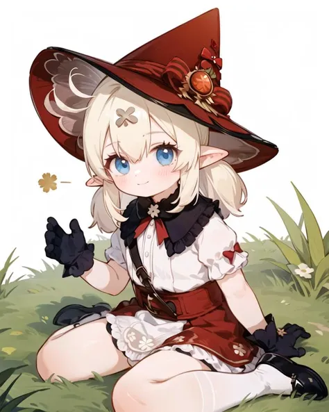 (perfect legs, perfect hands, perfect anatomy, nice hands, fingers, hand)
<lora:klee-ex:1>,  klee-ex, blue eyes, blond hair, hair ornament, witch hat, bangs, hair between eyes,  pointy ears,black gloves, 
solo, 1girl, looking at viewer, smile,  shirt, sitting,  wariza, 
outdoors, simple background,