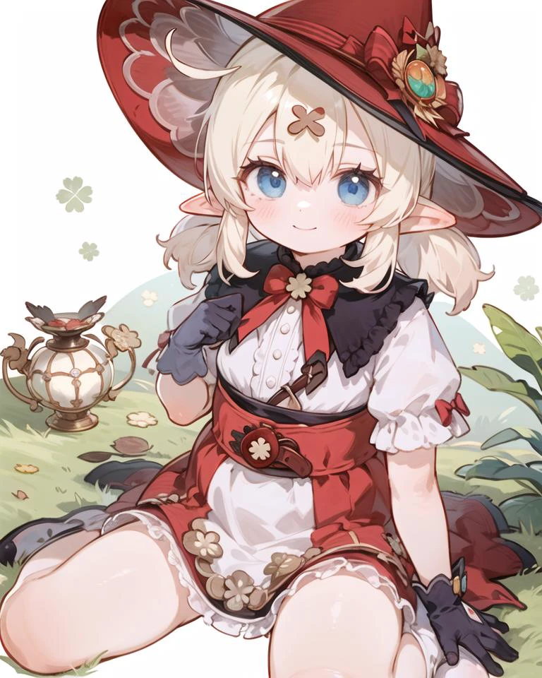 (perfect legs, perfect hands, perfect anatomy, nice hands, fingers, hand)
<lora:klee-ex:1>, klee-ex, blue eyes, blond hair, hair ornament, hat, bangs, hair between eyes, pointy ears,black gloves,
solo, 1girl, looking at viewer, smile, shirt, spread legs, seiza, sitting, wariza,
outdoors, simple background,