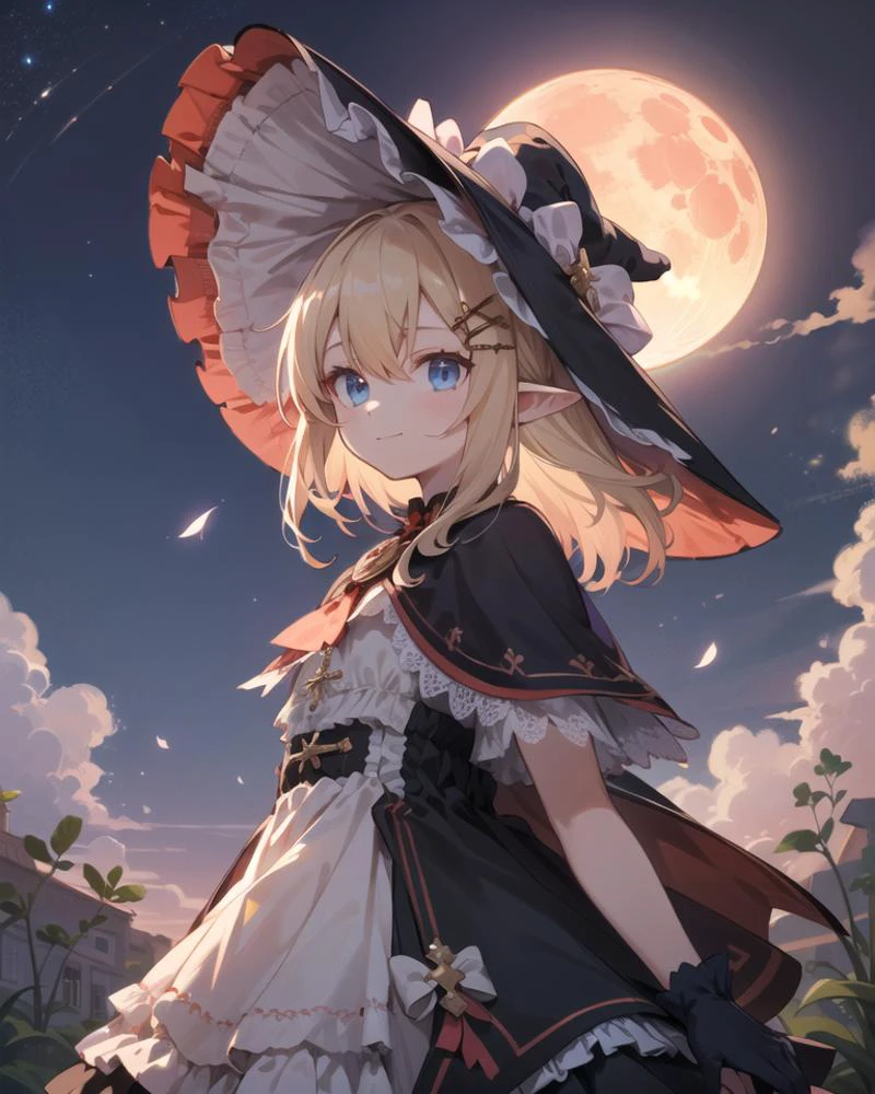 1girl, solo, standing, outdoors, night, red moon, light smile, closed mouth,
<lora:monv_v2.4_lbw:0.8>, (dmy, capelet, dress, layered dress, frills, bow, witch hat, short sleeves, cross pendant),
<lora:klee-ex:0.4>, (klee-ex, blue eyes, blond hair, hair ornament, bangs, hair between eyes, pointy ears, gloves),