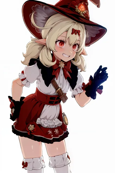 masterpiece, best quality, <lora:klee-2-000010:1>,1girl,grin,witch hat, red hair bow,vision \(genshin impact\), sidelocks,belt, <lora:style04:1>,simple background, bent over,