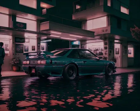 (high quality), vprwve_wnchlora, scenery, car behind, building, night, (depth of field), <lora:vaporwave_lora-08:1>