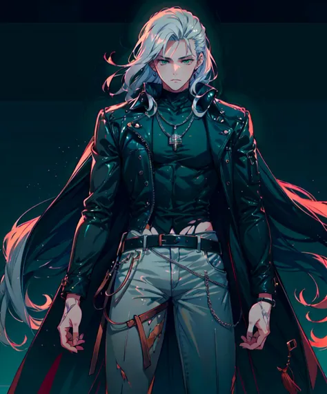 <lora:vaporwave_lora:1> vprwve_wnchlora,, ultra detailed, masterpiece, best quality, aesthetic, detailed,, solo, 1boy, teal eyes, <lora:Tsurime3:1>, (tsurime:1.2), parted bangs, white hair, medium hair, straight hair, shoulder-length hair, male focus,, coat, shirt, pants, studded belt, multiple belts, combat boots, torn clothes, necklace, black coat, black and green theme,