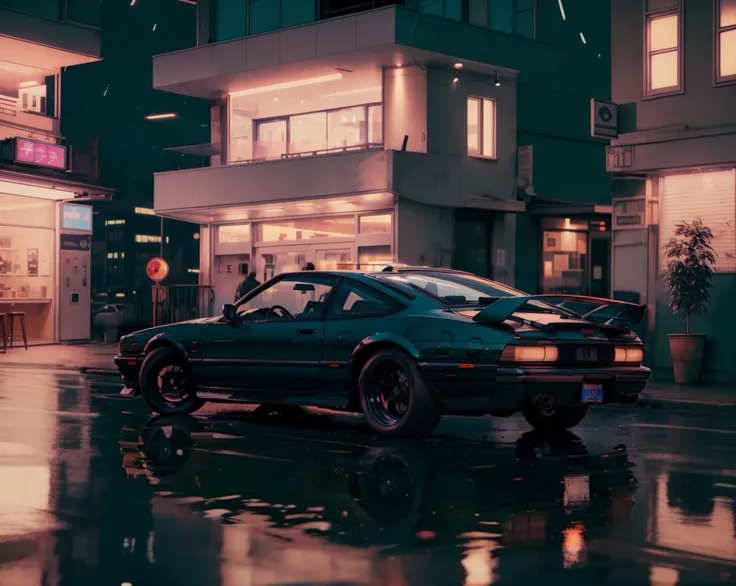 (high quality, masterpiece), vprwve_wnchlora, scenery, car beside, building, night, (depth of field), <lora:vaporwave_lora-08:1>