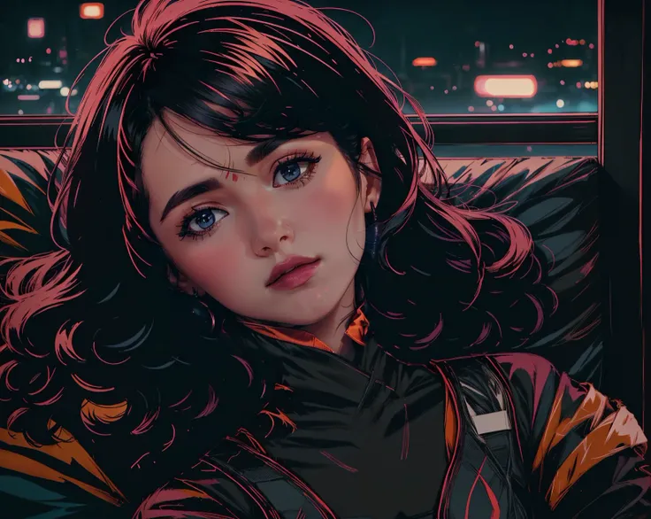 (high quality), vprwve_wnchlora, (solo, shirt, black hair, 1girl), stand, jacket, scenery, car behind, building, night, (depth of field), <lora:vaporwave_lora-08:1>