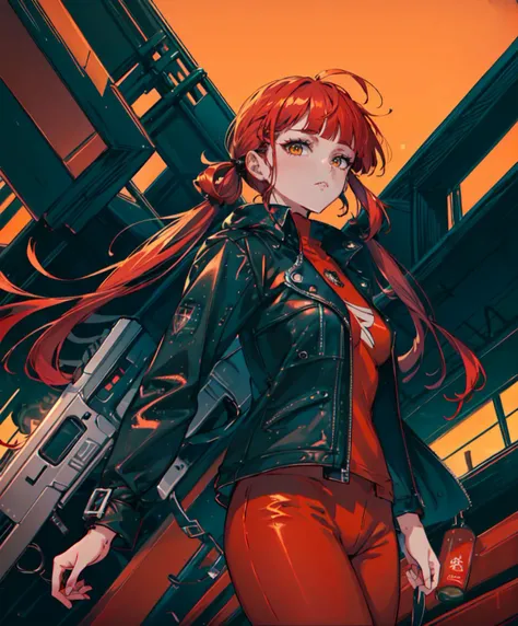 <lora:vaporwave_lora:1> vprwve_wnchlora,, ultra detailed, masterpiece, best quality, aesthetic, detailed,, solo, 1girl, red hair, (orange eyes:0.5), (amber eyes:1.3), swept bangs, parted bangs, medium hair, small breasts, <lora:Tsurime3:1>, (tsurime:1.2), (low twintails:1.35),, leggings, leather jacket, long shirt, combat boots, hoodie,