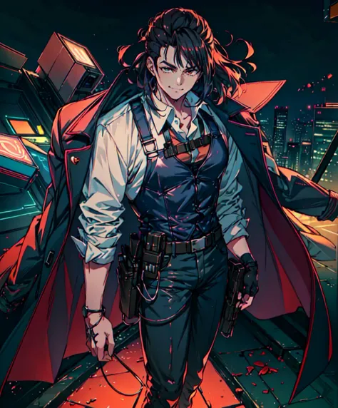 <lora:vaporwave_lora:1> vprwve_wnchlora,, ultra detailed, masterpiece, best quality, aesthetic, detailed,, solo, smug smile, 1boy, red eyes, <lora:Tsurime3:0.7>, (tsurime:1.2), black hair, undercut, top knot, parted bangs, long bangs, bangs, short hair, hair intakes, tall,, <lora:StS-Coat-and-Jacket-On-Shoulders-Iteration2:0.7> dataset, jacket on shoulders, (coat on shoulders:1.3), black coat, dress shirt, sleeves rolled up, fingerless gloves, holster, pants, belt, multiple belts, combat boots, bulletproof vest, tactical clothes,