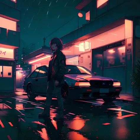 (high quality), vprwve_wnchlora, solo, shirt, black hair, 1girl, stand, jacket, scenery, car behind, building, night, (depth of field), <lora:vaporwave_lora:1>