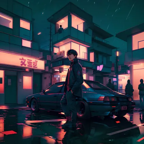 (high quality), vprwve_wnchlora, solo, shirt, black hair, 1boy, stand, jacket, scenery, car behind, building, night, (depth of field), <lora:vaporwave_lora:1>