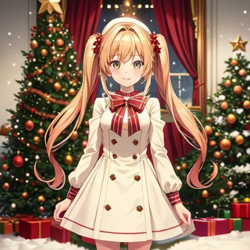 best quality, one girl, standing, snow, christmas tree, <lora:add_detail:0.5> , masterpiece, red and white christmas dress, looking at viewer, <lora:KaraneIndaV1:0.6>, twintails