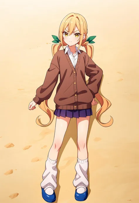 <lora:KaraneIndaV1:0.6>,KaraneInda,1girl,solo,v-shaped eyebrows,low twintails,long hair,blonde hair,orange hair,bangs,green hair bow ribbon,hair between eyes,yellow eyes,
collarbone,wing collar,open collar,collared shirt,white dress shirt,brown cardigan sweater,buttons,puffy long sleeves,purple pleated miniskirt,white loose socks,
blue footwear,slippers,outdoors,clenched hands,<lora:add_detail:0.3>,<lora:è°æ´colorful_V1_lbw:0.3>,, Exquisite visuals, high-definition,masterpiece,best quality,Exquisite visuals,high-definition,masterpiece,best quality,18yo,Young female,Beautiful Fingers,Beautiful long legs,Beautiful body,Beautiful character design,