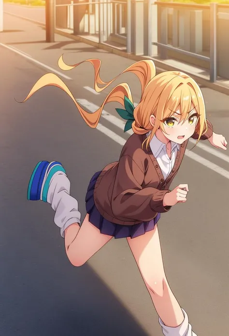<lora:KaraneIndaV1:0.6>,KaraneInda,1girl,solo,v-shaped eyebrows,low twintails,long hair,blonde hair,orange hair,bangs,green hair bow ribbon,hair between eyes,yellow eyes,
collarbone,wing collar,open collar,collared shirt,white dress shirt,brown cardigan sweater,buttons,puffy long sleeves,purple pleated miniskirt,white loose socks,
blue footwear,slippers,outdoors,clenched hands,<lora:add_detail:0.3>,<lora:è°æ´colorful_V1_lbw:0.3>,, Exquisite visuals, high-definition,masterpiece,best quality,Exquisite visuals,high-definition,masterpiece,best quality,18yo,Young female,Beautiful Fingers,Beautiful long legs,Beautiful body,Beautiful character design,