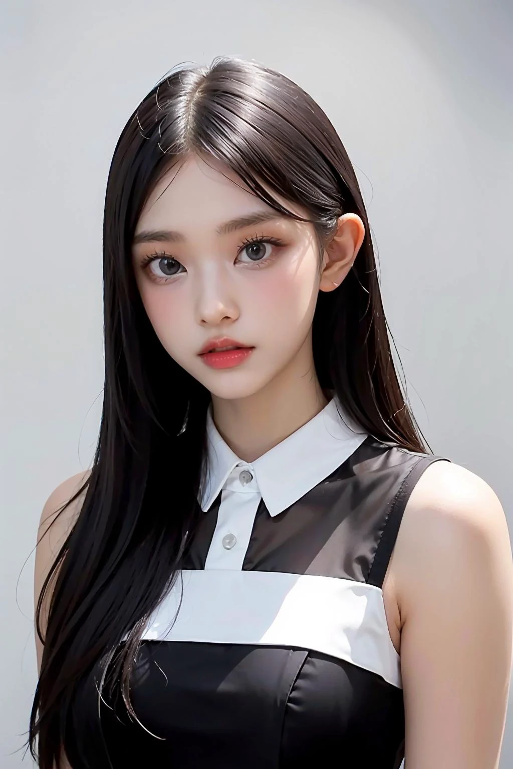 1girl, black formal long dress,white background, <lora:nwjeans_haerin-02:1>