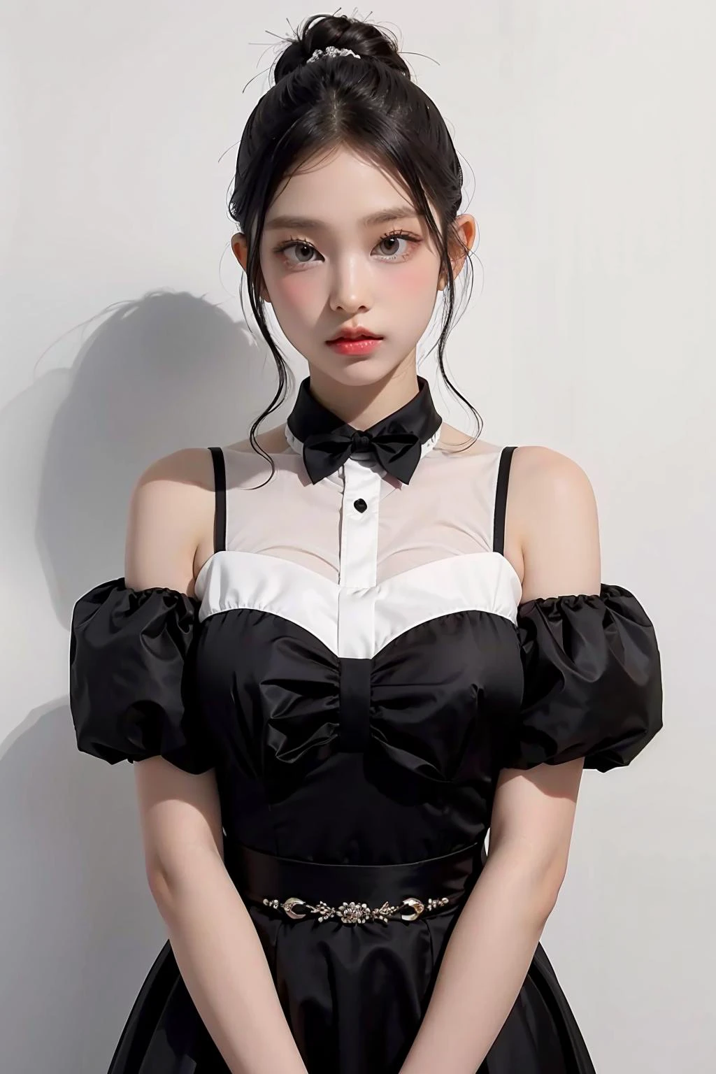 1girl, black formal long dress,white background, <lora:nwjeans_haerin-02:1>