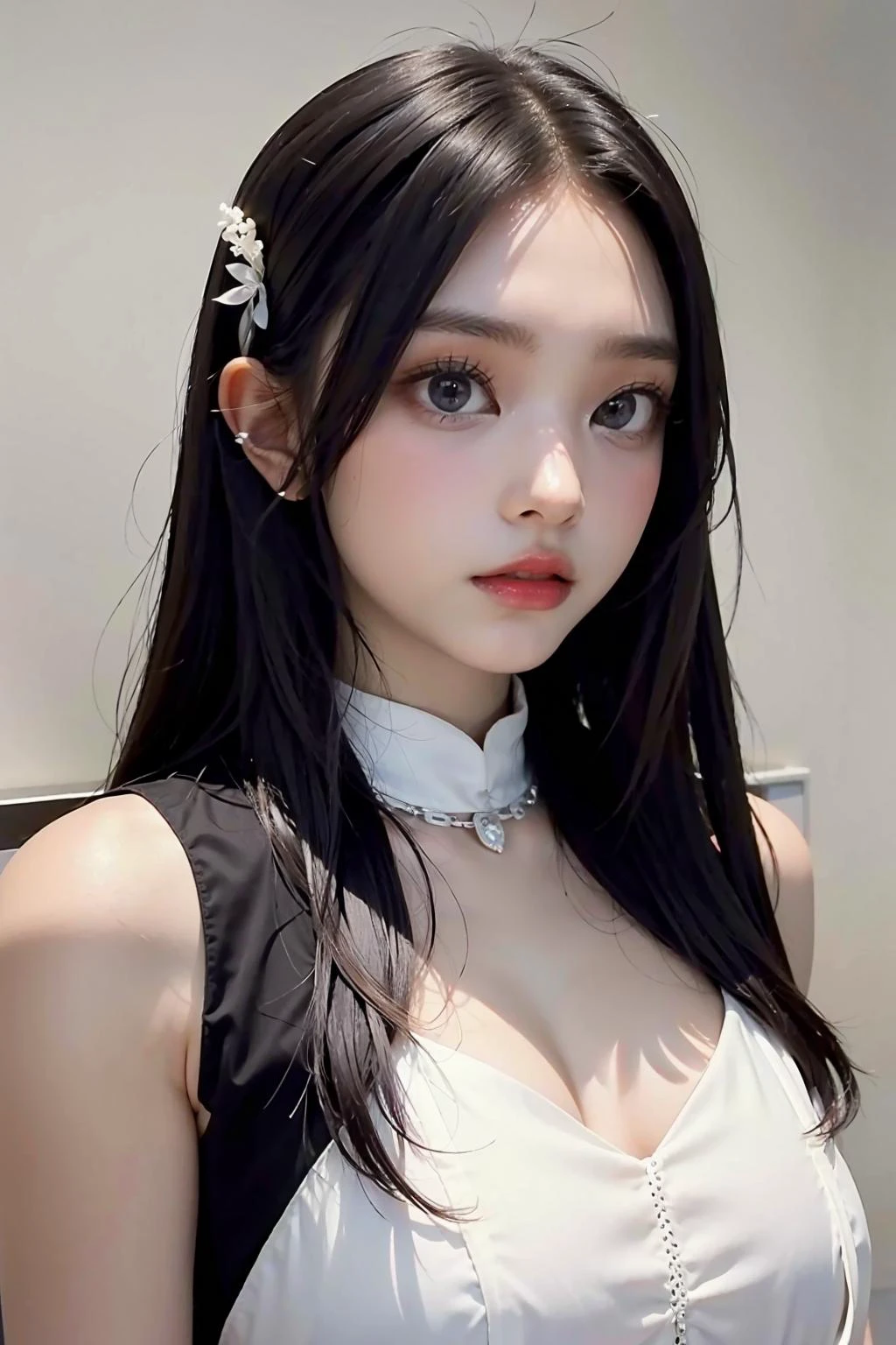 1girl, black formal long dress,white background, <lora:nwjeans_haerin-02:1>
