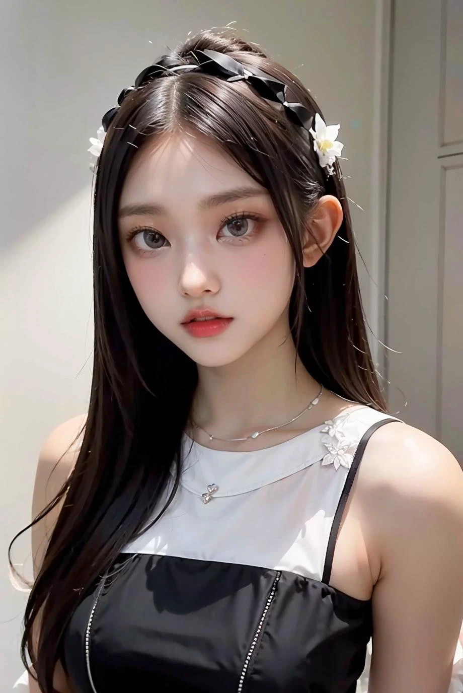 1girl, black formal dress, white background, <lora:nwjeans_haerin-04:1>