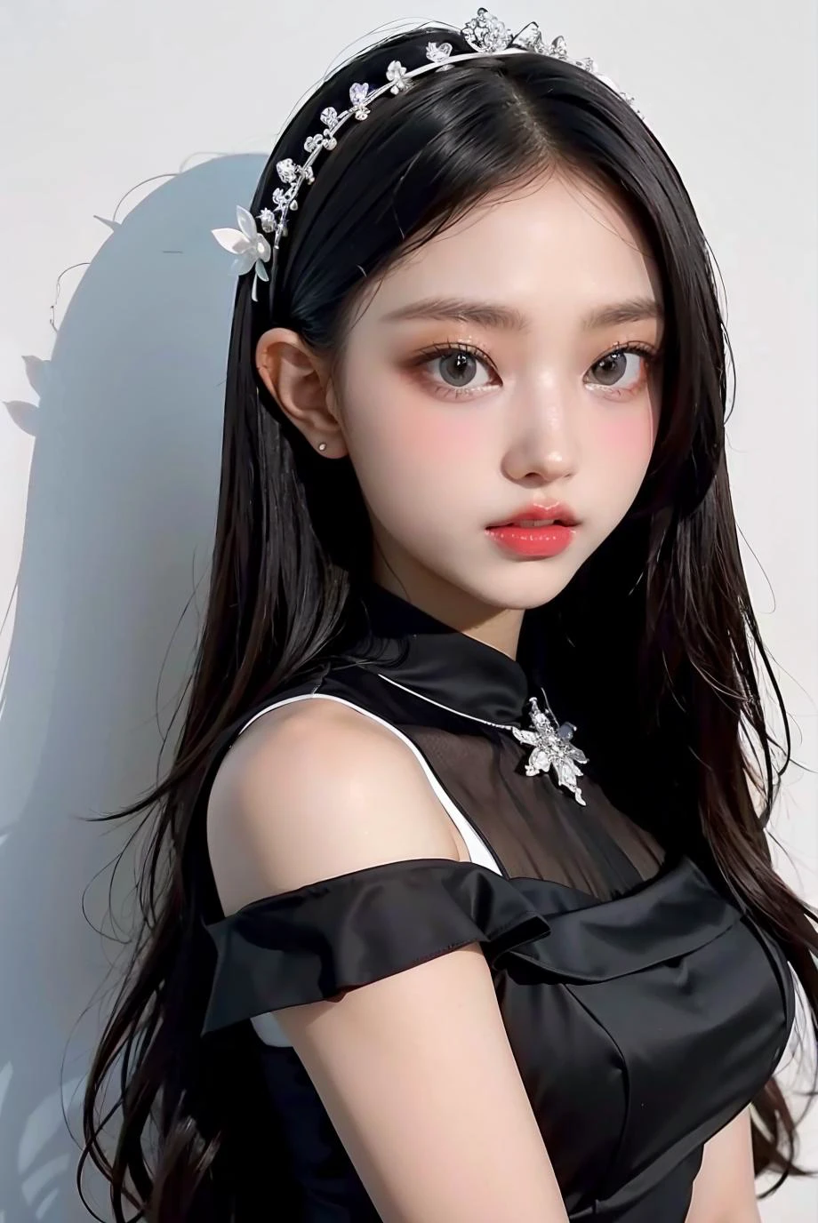 1girl, black formal dress, white background, <lora:nwjeans_haerin-04:1>