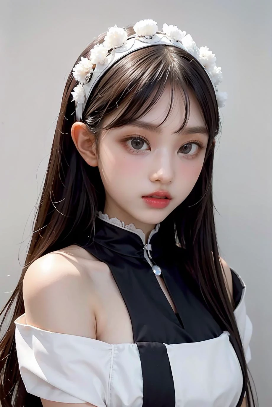 1girl, black formal dress, white background, <lora:nwjeans_haerin-04:1>
