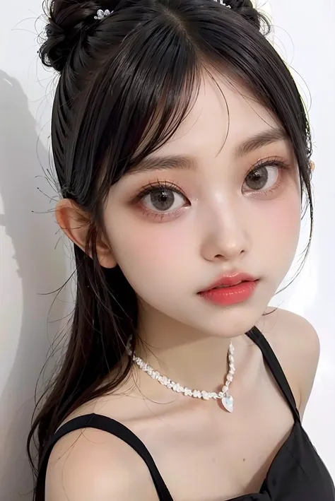 1girl, black formal dress, white background, <lora:nwjeans_haerin-04:1>