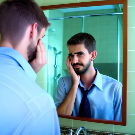 mirror, jewelry, black necktie, sink, hoop earrings, hands on own face, reflection, necktie, brown eyes, facial hair, dress, blue shirt