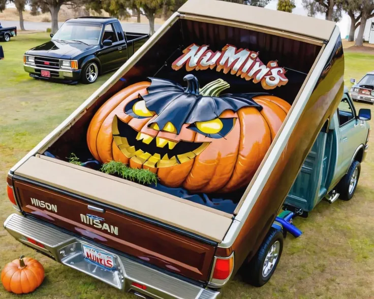 a m1n1trckzrck pickup with a tilt bed with a painting of a halloween pumpkin on top <lora:m1n1trckzrck_SDXL_v1_32_2-000011:1>