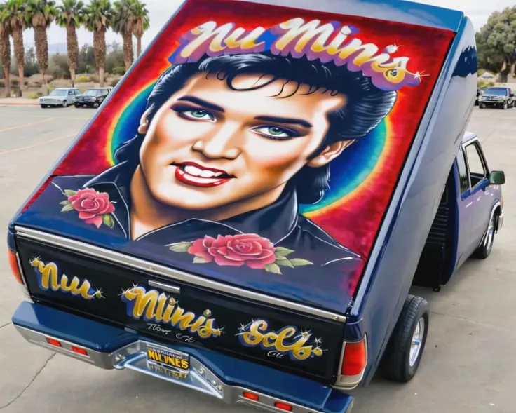 a m1n1trckzrck pickup with a tilt bed with a painting of elvis in velvet on top <lora:m1n1trckzrck_SDXL_v1_32_2-000011:1>