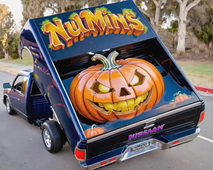 a m1n1trckzrck pickup with a tilt bed with a painting of a halloween pumpkin on top <lora:m1n1trckzrck_SDXL_v1_32_2-000011:1>