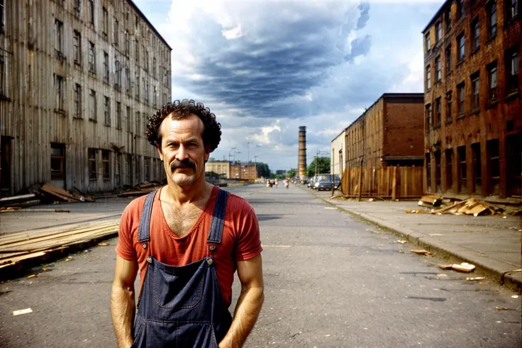 <lora:hjlifebehindironcurtain_v11:1> lifebehindironcurtain
a man standing in the street, factory district, dock district, grimy, industry, industrial, crates, piles of debris, factory, cloudy sky,
<lora:mrsatan_v0_1_prod:0.8> mr satan, black hair, blue eyes, afro, sideburns, mustache, worker clothes, overalls, t-shirt, v sign,
<lora:add_detail:1.5>
