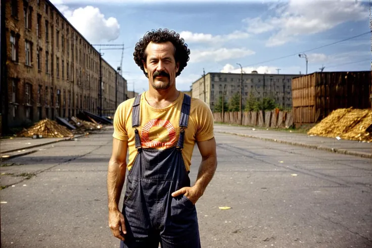 <lora:hjlifebehindironcurtain_v11:1> lifebehindironcurtain
a man standing in the street, factory district, dock district, grimy, industry, industrial, crates, piles of debris, factory, cloudy sky,
<lora:mrsatan_v0_1_prod:0.8> mr satan, black hair, blue eyes, afro, sideburns, mustache, worker clothes, overalls, t-shirt, v sign, victory pose
<lora:add_detail:1.5>