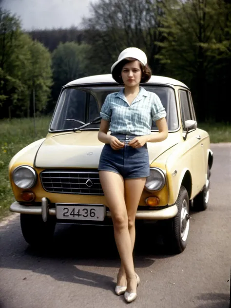 photo of a beautiful 18 year old French (naked:1.3) slim woman,(freckles:0.8), big smile, (round Close-set breasts:1.3), cleavage, (wide hips:1.3), small waist, big ass, large breathtaking bright dazzling brown eyes, highly detailed, focus on eyes, (looking at camera:1.2), (3/4 body shot), blond ponytail, skin pores, (((bokeh))), kodak portra 400 film, in a park in front of an old fiat 500, solo, dynamic pose <lora:add_detail:0.8>