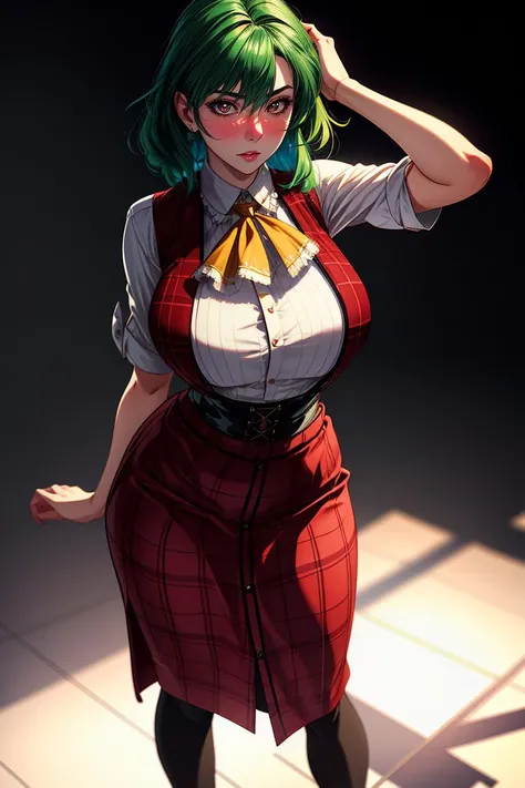 masterpiece, best quality, Bold colors, vivid coloring, rich pigmentation, vibrant, dynamic tones, striking hues, absurd resolution, illustration, 8k, perfect shadows,perfect lighting,hdr, ambient lighting,realistic, ultra-realistic, full body shot, Photo realistic,(hyperrealistic:1)textured skin,shiny skin,skindentation, beautiful body, (blush:1.2)milf,mature woman, YuukaKazami ,red_eyes, green_hair, (YuukaRedPlaidOutfit:1.3) (large breasts,hourglass body, thin waist,very slim waist)extremely detailed face,detailed eye makeup, detail face, nice detailed eyes,nice hands, perfect hands <lyco:YuukaKazamiV2:0.7> <lora:beautifulDetailedEyes_v10:0.50> (realistic pupils,realistic iris:1) heavy eye makeup<lora:add_detail:.50> <lyco:GoodHands-beta2:.90> Standing,arms stretched <lora:Amazon-V3:.70> <lora:ryanreos-lora-v1-32dim-3ep-naivae:.10>