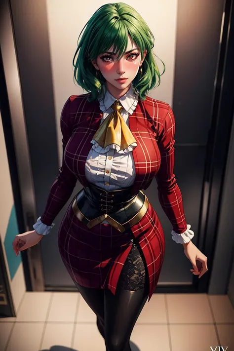 masterpiece, best quality,  Bold colors, vivid coloring, rich pigmentation, vibrant, dynamic tones, striking hues, absurd resolution, illustration, 8k, perfect shadows,perfect lighting,hdr, ambient lighting,realistic, ultra-realistic, full body shot, Photo realistic,(hyperrealistic:1)textured skin,shiny skin,skindentation, beautiful body, (blush:1.2)milf,mature woman,  YuukaKazami ,red_eyes, green_hair, (YuukaRedPlaidOutfit:1.3) (large breasts,hourglass body, thin waist,very slim waist)extremely detailed face,detailed eye makeup, detail face, nice detailed eyes,nice hands, perfect hands     <lyco:YuukaKazamiV2:0.5> <lora:beautifulDetailedEyes_v10:0.50> (realistic pupils,realistic iris:1) heavy eye makeup<lora:add_detail:.50> <lyco:GoodHands-beta2:.90> Standing,arms stretched  <lora:ryanreos-lora-v1-32dim-3ep-naivae:.30>