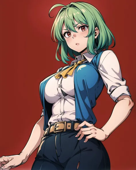 <lyco:YuukaKazamiV2:0.7>, YuukaKazami, cowboy_shot, large_breasts, solo, red_eyes, standing, simple_background, <lora:add_detail:0.65>, masterpiece, best quality