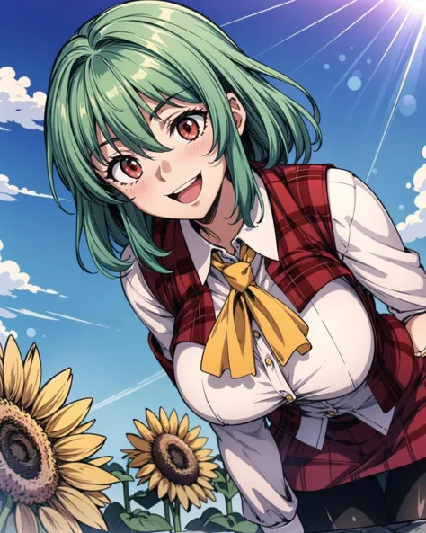 <lyco:YuukaKazamiV2:0.7>, YuukaKazami, :D, red eyes, mature female, leaning forward, large breasts, close up, dutch angle, green hair, YuukaRedPlaidOutfit, red plaid vest and skirt set, white shirt, (black pantyhose:1.1), smile, sunflower fields, nature, blue sky, sunlight, perfect composition, (masterpiece:1), (best quality:1), <lora:add_detail:1>, <lyco:GoodHands-beta2:1.0>