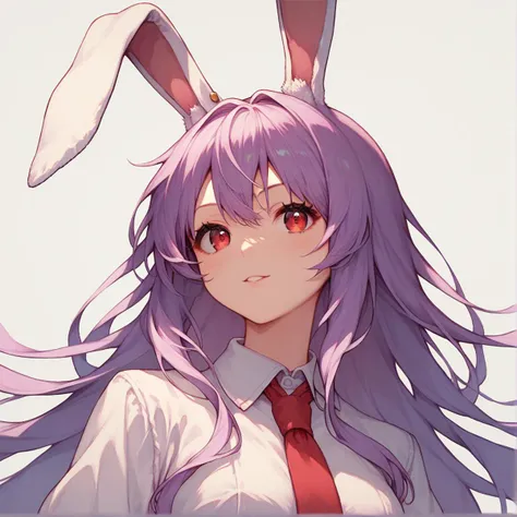 score_9, score_8_up, score_8, score_9, 1 girl,  source_anime,  <lora:reisen_udongein_inaba_ponyxl-10:1.0>, reisen udongein inaba, purple hair, red eyes, rabbit ears, rabbit girl, long hair, portrait, white shirt, red necktie