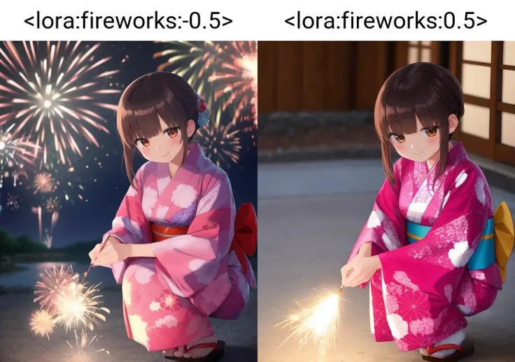 1girl, solo, long sleeves, black hair, japanese clothes, yukata, sparkler, fireworks, sash, holding, smile, brown hair, floral print, squatting, 1girl, anime coloring, tabi, <lora:fireworks:-0.5>, <lora:handheld_fireworks_v1:0.5>