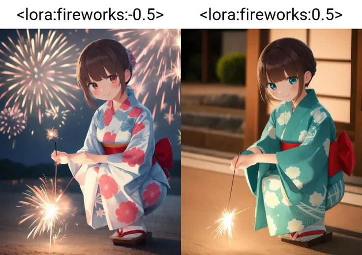 1girl, solo, long sleeves, black hair, japanese clothes, yukata, sparkler, fireworks, sash, holding, smile, brown hair, floral print, squatting, 1girl, anime coloring, tabi, <lora:fireworks:-0.5>, <lora:handheld_fireworks_v1:0.5>