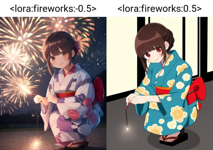 1girl, solo, long sleeves, black hair, japanese clothes, yukata, sparkler, fireworks, sash, holding, smile, brown hair, floral print, squatting, 1girl, anime coloring, tabi, <lora:fireworks:-0.5>,  <lora:handheld_fireworks_v1:0.5>