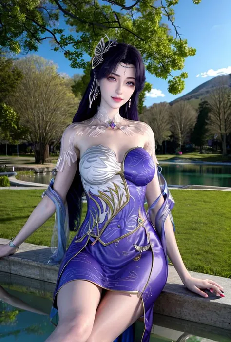 <lora:yunxi2:0.745>(yunxi),yunxisuit,(chinese traditional style),(highres:1.8),
1girl, purple hair, solo, purple eyes, hair ornament, bug, butterfly, makeup, butterfly hair ornament, blurry,upper body, breasts, lipstick, (chinese traditional style), blurry background, dress, long hair, jewelry, earrings, blue dress,
tree, scenery, palm_tree, nature, sky, bare_tree, bush, day, forest, lake, outdoors, water, cloud, blue_sky, tree_shade, lens_flare, grass, river, branch, plant,scenery, tree, outdoors, sky, day, water, reflection, lens flare, blue sky, sun, river, sunlight,
(8k,4k),ultrares,(masterpiece, top quality, best quality),extreme detailed,(colorful:1.4),highest detailed,ultra-detailed,(highly detailed CG illustration),ultra-fine painting,(Vivid Colors:1.1):1.4, 1girl, solo, looking at viewer,(masterpiece), (best quality), (ultra detailed),(highres), absurdres, (ultra realistic 4k CG), delicate pattern, intricate detail,best illumination,best shadow,natural lighting, 1girl, solo,necklace,earings,jewelry, ((black hair:1.2)), solo, earrings, long hair, necklace,smile, floating hair, (Japanese style architectures:1.2 at the downside),outdoors, Area occupied by the girl is less than 1/2 of the total area, (floating in the sky),long legs,(large breasts),
(pov:1.35),
show legs,
<lora:more_details:0.6> <lora:epi_noiseoffset2:0.8>