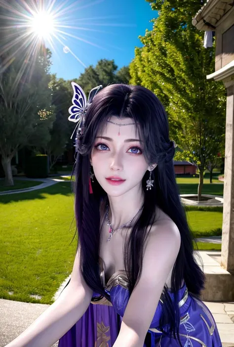 <lora:yunxi2:0.73>(yunxi),yunxisuit,(chinese traditional style),(highres:1.8),
1girl, purple hair, solo, purple eyes, hair ornament, bug, butterfly, makeup, butterfly hair ornament, blurry,upper body, breasts, lipstick, (chinese traditional style), blurry background, dress, long hair, jewelry, earrings, blue dress,
tree, scenery, palm_tree, nature, sky, bare_tree, bush, day, forest, lake, outdoors, water, cloud, blue_sky, tree_shade, lens_flare, grass, river, branch, plant,scenery, tree, outdoors, sky, day, water, reflection, lens flare, blue sky, sun, river, sunlight,
(8k,4k),ultrares,(masterpiece, top quality, best quality),extreme detailed,(colorful:1.4),highest detailed,ultra-detailed,(highly detailed CG illustration),ultra-fine painting,(Vivid Colors:1.1):1.4, 1girl, solo, looking at viewer,(masterpiece), (best quality), (ultra detailed),(highres), absurdres, (ultra realistic 4k CG), delicate pattern, intricate detail,best illumination,best shadow,natural lighting, 1girl, solo,necklace,earings,jewelry, ((black hair:1.2)), solo, earrings, long hair, necklace,smile, floating hair, (Japanese style architectures:1.2 at the downside),outdoors, Area occupied by the girl is less than 1/2 of the total area, (floating in the sky),long legs,(large breasts),
(pov:1.35),
show legs,
<lora:more_details:0.6> <lora:epi_noiseoffset2:0.8>
