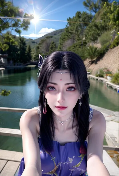 <lora:yunxi2:0.73>(yunxi),yunxisuit,(chinese traditional style),(highres:1.8),
1girl, purple hair, solo, purple eyes, hair ornament, bug, butterfly, makeup, butterfly hair ornament, blurry,upper body, breasts, lipstick, (chinese traditional style), blurry background, dress, long hair, jewelry, earrings, blue dress,
tree, scenery, palm_tree, nature, sky, bare_tree, bush, day, forest, lake, outdoors, water, cloud, blue_sky, tree_shade, lens_flare, grass, river, branch, plant,scenery, tree, outdoors, sky, day, water, reflection, lens flare, blue sky, sun, river, sunlight,
(8k,4k),ultrares,(masterpiece, top quality, best quality),extreme detailed,(colorful:1.4),highest detailed,ultra-detailed,(highly detailed CG illustration),ultra-fine painting,(Vivid Colors:1.1):1.4, 1girl, solo, looking at viewer,(masterpiece), (best quality), (ultra detailed),(highres), absurdres, (ultra realistic 4k CG), delicate pattern, intricate detail,best illumination,best shadow,natural lighting, 1girl, solo,necklace,earings,jewelry, ((black hair:1.2)), solo, earrings, long hair, necklace,smile, floating hair, (Japanese style architectures:1.2 at the downside),outdoors, Area occupied by the girl is less than 1/2 of the total area, (floating in the sky),long legs,(large breasts),
(pov:1.35),
show legs,
<lora:more_details:0.6> <lora:epi_noiseoffset2:0.8>