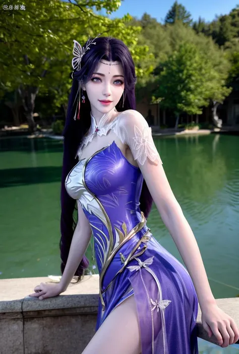 <lora:yunxi2:0.745>(yunxi),yunxisuit,(chinese traditional style),(highres:1.8),
1girl, purple hair, solo, purple eyes, hair ornament, bug, butterfly, makeup, butterfly hair ornament, blurry,upper body, breasts, lipstick, (chinese traditional style), blurry background, dress, long hair, jewelry, earrings, blue dress,
tree, scenery, palm_tree, nature, sky, bare_tree, bush, day, forest, lake, outdoors, water, cloud, blue_sky, tree_shade, lens_flare, grass, river, branch, plant,scenery, tree, outdoors, sky, day, water, reflection, lens flare, blue sky, sun, river, sunlight,
(8k,4k),ultrares,(masterpiece, top quality, best quality),extreme detailed,(colorful:1.4),highest detailed,ultra-detailed,(highly detailed CG illustration),ultra-fine painting,(Vivid Colors:1.1):1.4, 1girl, solo, looking at viewer,(masterpiece), (best quality), (ultra detailed),(highres), absurdres, (ultra realistic 4k CG), delicate pattern, intricate detail,best illumination,best shadow,natural lighting, 1girl, solo,necklace,earings,jewelry, ((black hair:1.2)), solo, earrings, long hair, necklace,smile, floating hair, (Japanese style architectures:1.2 at the downside),outdoors, Area occupied by the girl is less than 1/2 of the total area, (floating in the sky),long legs,(large breasts),
(pov:1.35),
show legs,
<lora:more_details:0.6> <lora:epi_noiseoffset2:0.8>