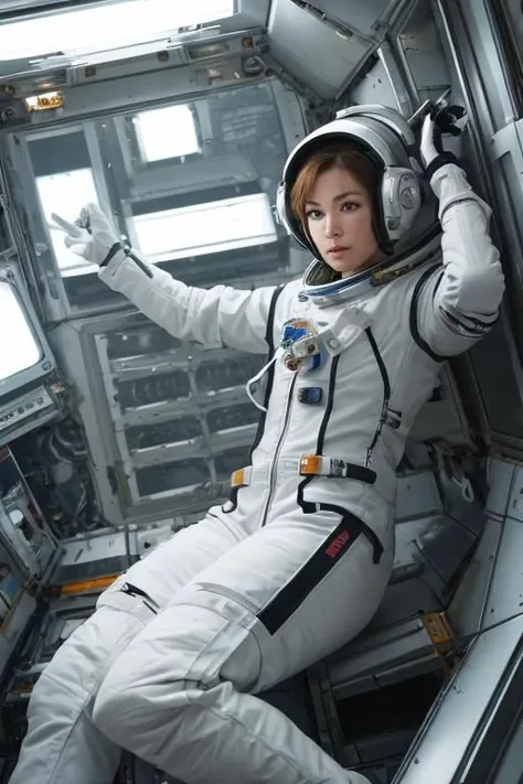 "A woman in a full astronaut suit in a space station module, her pose weightless and awe-inspired. Her makeup is non-existent, and her hair is compacted under the space helmet."